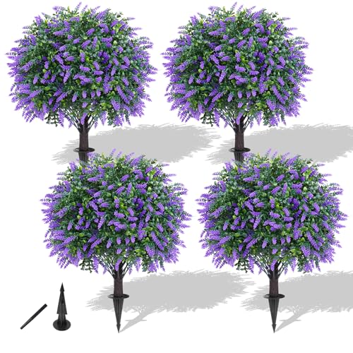 Yangrass Artificial Lavender Topiary Ball Trees with Ground Spike, Set of 4 UV Resistant Artificial Shrubs, Fake Evergreen Artificial Plant Bush for Indoor Outdoor Front Porch Garden - color: Lavender-4pcs