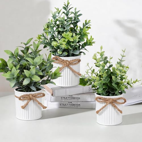 Yoratee 4 Potted Artificial Plants Metal Fake Potted Plant with Iron Pot Mini Greenery Decor Small Faux Plants for Indoor Farmhouse Home Porch Garden Bathroom Room Décor White - color: White