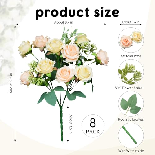 8 Pack Rose Artificial Flowers Bouquet, 10 Small Silk Rose Heads Per Pack, Fake Roses Bunches for Wedding Table Centerpieces Bridal Bouquet Mother's Day Valentine's Day Home Decor, Champagne - color: Champagne