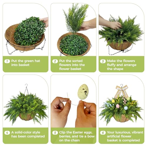 Set of 2 Easter Artificial Hanging Plant Flower Baskets, Fake Planter Hanging with 24 Pcs Cypress Leaves, Faux Ferns with Easter Eggs & Berries for Outdoor Spring Decor Porch, Garden, Patio - color: Green, Multi-colored