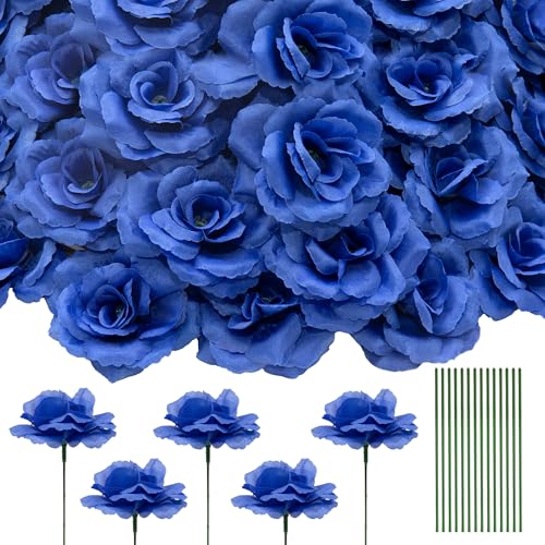 50 Pcs Rose Flower Head, Artificial Flowers Bulk for DIY Crafts, 3in Fake Rose Silk Flower Head wit Stem, Faux Flowers for Decoration, Wedding Home Party Decor Garland Decor (50, Dark Blue) - color: Dark Blue