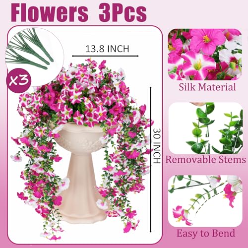 3 Pack Artificial Flowers for Outdoors,Fake Petunias Hanging - Outside Flowers UV Resistant for Porch ，Patio Decor,Tall Artificial Plants for Outdoor Planters,Spring Home Decoration(Pink White) - color: Pink-3