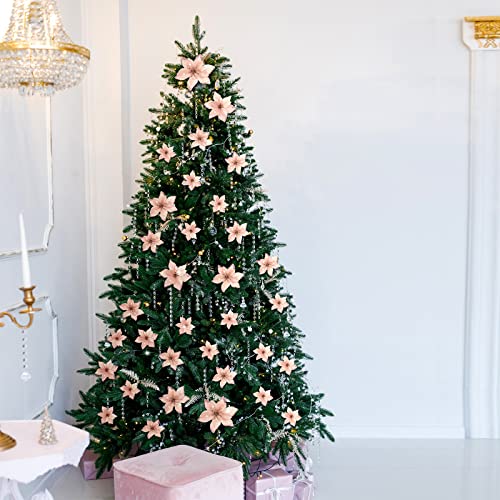 Geosar 100 Pcs 3 Size Christmas Poinsettia Flowers with Clips Glitter Artificial Flowers Small Christmas Tree Ornaments Faux for Xmas Party DIY Craft Wreath Garland New Year, 3/4/6 Inches(Rose Gold) - color: Rose Gold