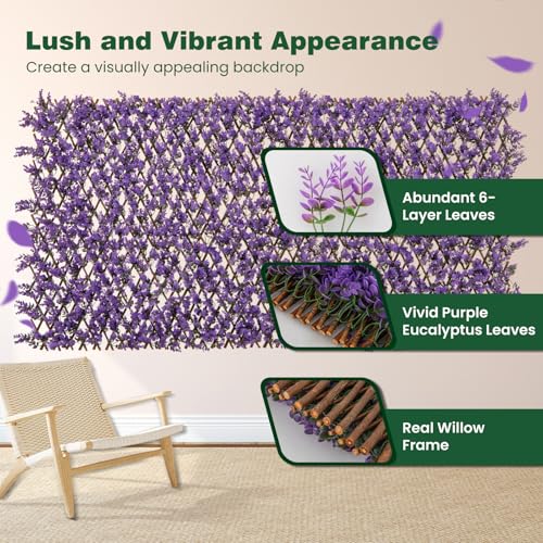 Giantex Expandable Fence Privacy Screen - Decorative Faux Purple Eucalyptus Fencing Panel for Balcony, Artificial Hedges with PE Leaves and Willow for Outdoors Garden Patio Deck Apartment, 1 Pack