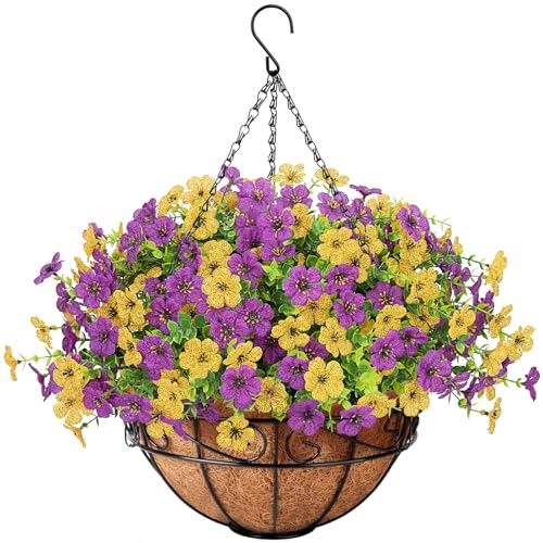 Artificial Fake Hanging Flowers Plants Basket Outdoors, Faux Silk UV Resistant Look Real Daisy Eucalyptus for Spring Summer Garden Porch Home Patio Balcony Yard Decorations, Yellow Purple - color: Yellow and Purple