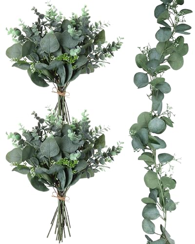 20 Pcs Eucalyptus Leaves Stems and Eucalyptus Garland 6.56 ft Artificial Silver Dollar Leave Picks Faux Branches Greenery Bouquet for Front Door Wedding Centerpiece Arch Wall Decoration Vase Filler