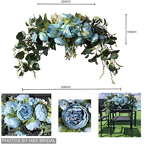 H&S BRIDAL Wedding Arch Flowers, 30 Inch Rustic Artificial Floral Swag for Door Lintel, Green Leaves Rose Peony Sunflowers Table Centerpieces Home Decoration - color: Blue