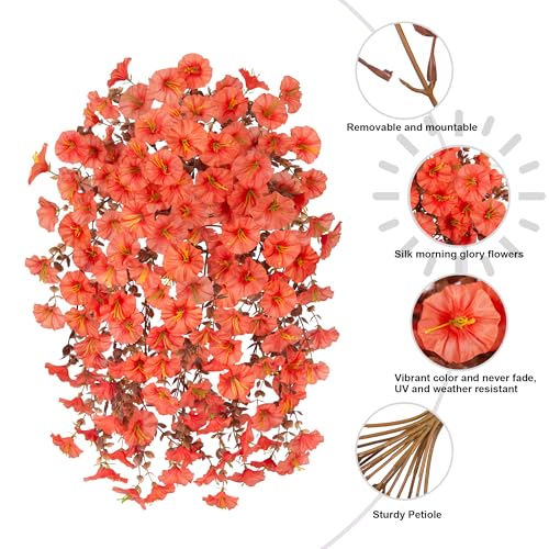 Ivydale 2 PCS Artificial Fall Hanging Flowers Fake Plants Outdoor,Silk Morning Glory Faux Flowers with Eucalyptus Leaves,UV Resistant Realistic Mums Plants for Home Garden Decor (Orange) - color: Orange(leaves Orange)