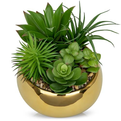 Hollyone Succulents Plants Artificial in Pots Fake Succulents for Outdoors Indoor Faux Succulent Arrangement Potted Plant in Gold Ceramics Planter Bowl for Garden Office Desk Living Room Home Decor - color: Gold