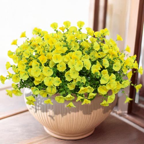 LikSoor 16 Bundles Artificial Flowers Outdoor Spring Summer Decoration Fake Silk Colorful Daisy Eucalyptus Realistic UV Outside Faux Plants for Garden Porch Window Box Home Decor Morning Glory Yellow - color: Morning Glory Yellow