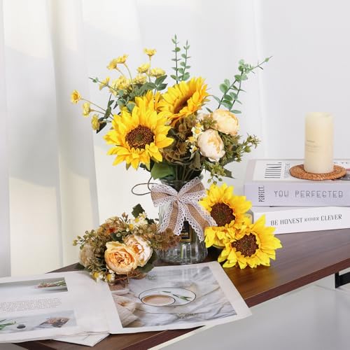 CEWOR Fake Flowers in Vase, Artificial Flowers with Vase Faux Silk Floral Arrangement Table Centerpieces Decor for Home Office Dining Farmhouse Coffee Table Living Room Bathroom Plant Decor(Yellow) - color: Yellow