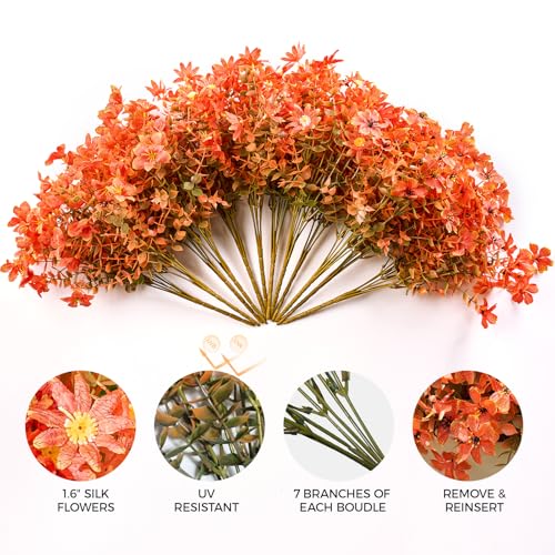 Artificial Flowers for Outdoors Patio Decoration 12 Bundles Fake Flower Daisy Lily Cherry Blossom UV Resistant Faux Plants Yard Garden Porch Home Boxwood Patio Halloween Decor, Fall Orange Flower - color: D Orange Mix Flowers 12pcs