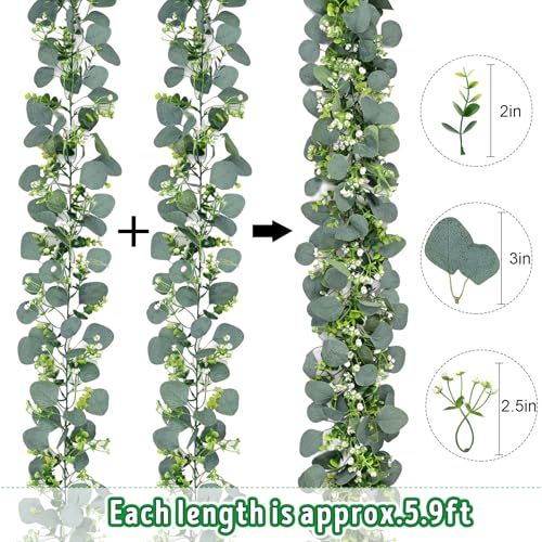 Waipfaru 2Pcs Eucalyptus Garland, 5.9FT Greenery Garland, Green Garland with Flowers, Artificial Faux Silver Dollar Eucalyptus Leaves Vines for Table Home Wedding Mantle Party Indoor Outdoor Decor - color: Eucalyptus Garland, size: 2Pcs