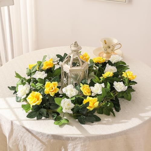 JUSTOYOU Artificial Rose Vines Yellow Flowers Garland Hanging Silk Rose Vine for Wedding Home Office Arch Arrangement Decoration 7.6FT(2PCS) - color: Yellow-b