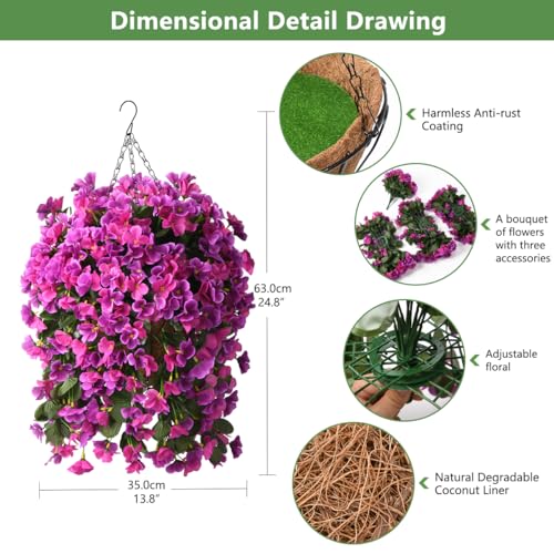 INQCMY Artificial Fake Hanging Plants Flowers Basket for Spring Summer Outdoor Outside Decoration,Faux Silk Begonia Flower in Planter Look Real UV Resistant for Home Porch Patio Balcony Yard Decor - color: Light Purple