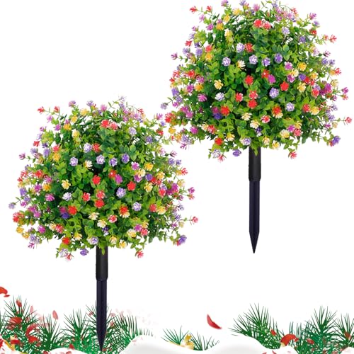 THKFUL Topiary Flower Ball Artificial Outdoor Set of 2,Fake Eucalyptus Boxwood Ball Evergreen Tree with Spike,UV Resistant Faux Shrubs Plants D15.8 for Outdoor Planter,Spring,Porch Decor - style: Colorful