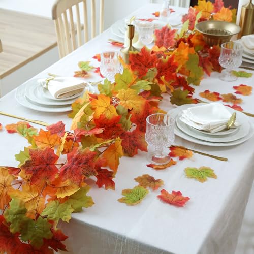 Mizii Fall Decor 5 Packs 390" Artificial Maples Vines Garland Fake Vine Fall Garland Silk Maple Leaves Faux Hanging Plants for Thanksgiving Porch Mantle Fireplace Farmhouse Harvest Decorations (Maple) - color: Maple