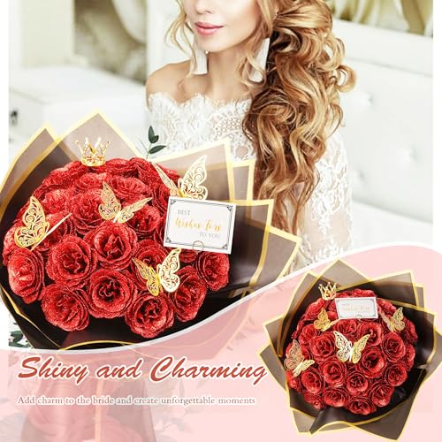 Red Glitter Roses Bouquet, 30 Pcs DIY Fake Flowers Bouquet, Everlasting Shiny Artificial Rose Bouquet for Valentine's Day, Anniversary, Engagement, Wedding - color: Red