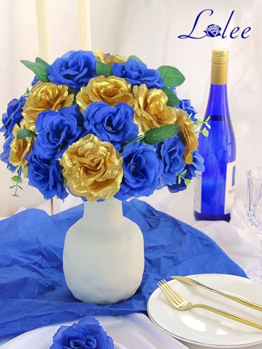 108pcs Roses Head Flowers with Stem - Blue & Gold Artificial Flowers Rose Bulk - Silk Royal Blue Gold Rose Fake Flower for Wedding Bouquet Home Baby Shower DIY Centerpieces Tables Grad Party Decor - color: Gold-blue
