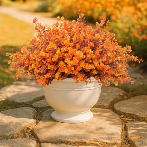 Artificial Mums for Outdoors, 12 Bundles Faux Mums for Fall Planters,Uv Resistant Eucalyptus Artificial Fake Flowers Plants, Realistic Fall Decor for Porch, Patio, Yard (Fall Stems) - color: Yellowleaf