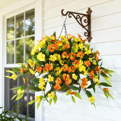 Hommyea Artificial Fake Hanging Flowers Plants Basket for Outdoors Outside Decoration UV Resistant Faux Silk Flowers Look Real Plastic Flowers for Spring Planters Home Porch Patio Garden Decor - color: 3psc Orange Yellow