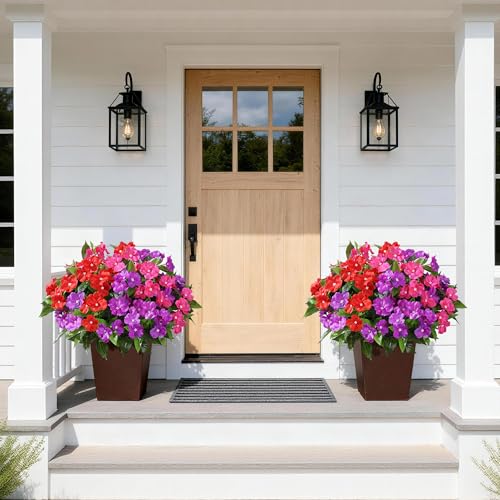 Artificial Flowers for Outdoors, 2 Set Fake Potted Flowers 12 Bundles UV Resistant Realistic Silk Faux Impatiens with Pot for Outside Balcony Garden Window Box, Rose - color: Impatiens-rose