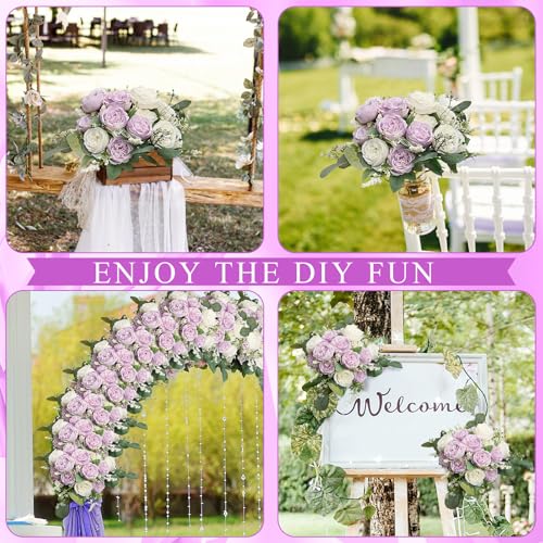 Peonies Artificial Flowers Bulk, 12 Bundles Lilac Fake Silk Peonies Faux Eucalyptus Bouquet Realistic Peony Floral Arrangement for Wedding Table Centerpiece Vase Decor (Lavender & White) - color: Lavender & White