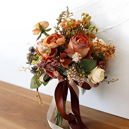 Artificial Wedding Bouquet for Brides Bridesmaid Holding Flower with Greenery Artificial Fabric Rose Wedding Flower Bridal Toss (Vintage Orange) - color: Vintage Orange