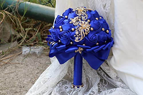 WIFELAI-A Golden Rhinestone Brooch Wedding Flowers Bridal Bouquets Crystal Bride Holding Bouquet White Ivory Satin Roses with Diamond - color: Royal Blue