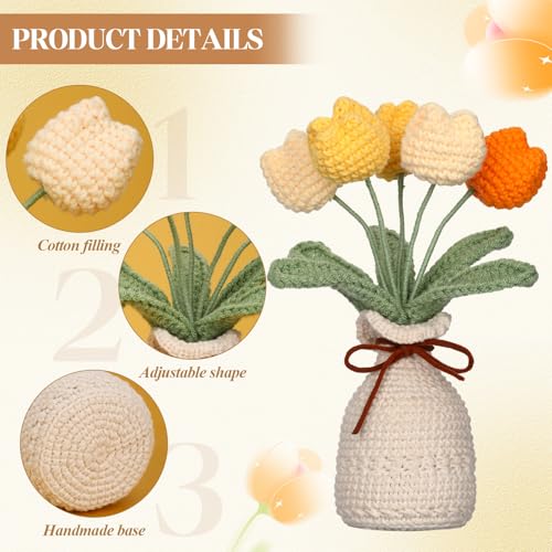 Marsui Crochet Knitting Tulip Bouquet with Vase 7" Knitted Artificial Forever Tulip Handmade Woven Flower with Exquisite Pot Gift for Father's Gifts Back to School Gift Family Home Desk Decor(Yellow) - color: Yellow, style: Tulip