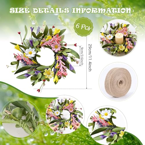 6 Pcs Small Spring Hanging Wreaths for Cabinets with Pink White Daisy Flower Mini Artificial Purple Wild Flower Summer Floral Candle Rings Wreath for Home Kitchen Front Door Window Porch Wall Wedding - color: Spring