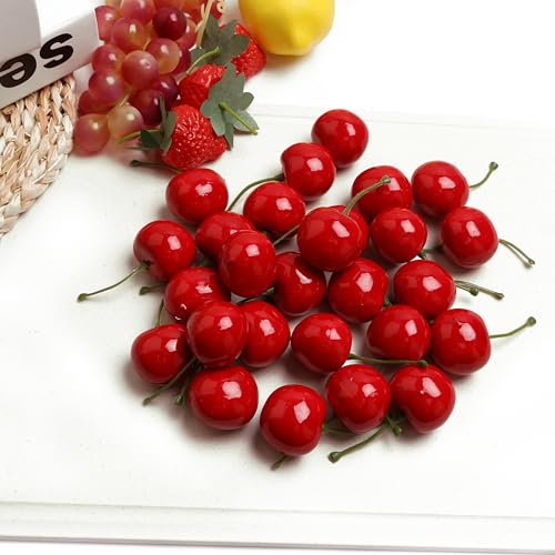 50PCS Lifelike Artificial Red Cherries-Decorated with Small Fake Fruits, Used for Cake Ingredients, Food Display, Handicrafts and Central Decoration-are Vibrant and Reusable - color: Red Cherry