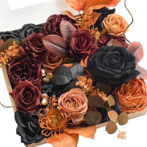 Ling's moment Fake Flowers Box, Faux Artificial Greenery Stems Foam Roses Silk Peony Eucalyptus Fabic Flower for Centerpieces Bouquet Wedding Vase Floral Decorations, Black & Orange, Grand Combo - color: Blk-black & Orange, size: Grand