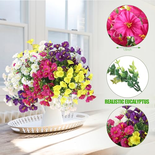 Artificial Flowers for Outdoors 12 Bundles Realistic Faux Plants UV Resistant Fake Silk Morning Glory with Eucalyptus for Front Door Planter Patio Porch Spring Summer Decoration (4 Mixed Color) - color: Mixed 4 Color