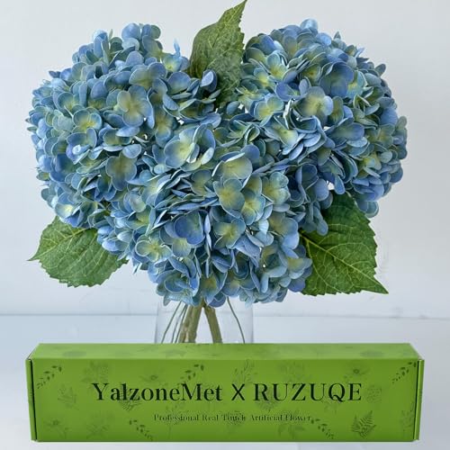 YalzoneMet 3 Pcs Blue/Green Hydrangea Artificial Flowers 21'' Real Touch Latex Hydrangea Faux Flowers for Wedding Tables Centerpieces Baby Shower for Party Home Kitchen Living Room Decor - color: Blue-green