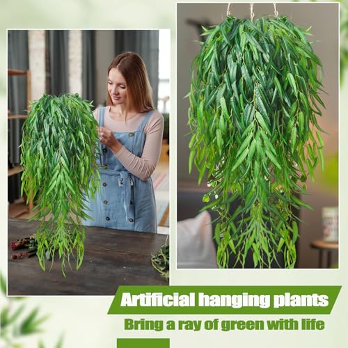 Daifunli Artificial Hanging Plants Fake Hanging Ferns Plastic Faux Plants for Wall Room Garden Garland Indoor Outdoor Decor No Basket (8 Pcs,Willow) - style: Willow