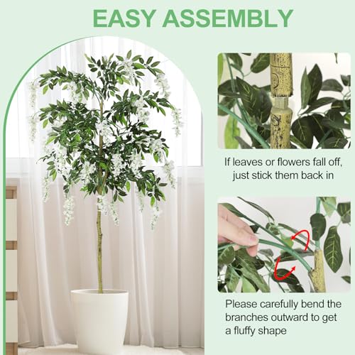 6FT Ficus Tree Artificial Indoor Tall Faux Wisteria Tree in Nursery Pot Fake Potted Tree with Blooming White Flowers and Real Wood Trunk for Home Office Living Room Decor