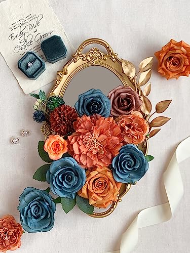 FACINOC Roses Artificial Flowers Bouquet Box Set Fake Flower for DIY Bridal Wedding Shower Decorations Centerpieces for Table Faux Silk Floral Arrangement for Party Home Decor Indoor Teal Orange - color: S (Orange, Teal)