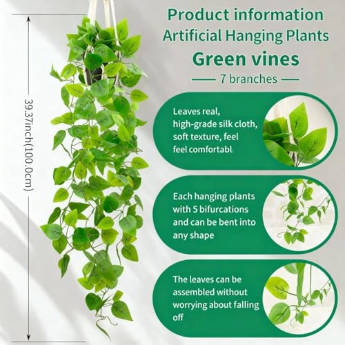 Fake Pothos in Rope - Hanging Pot, Artificial Pothos Plants for Home Decor Indoor Macrame Plant Hanger with Faux Vine Hanging Planter Greenery for Bedroom Bathroom Kitchen Office Decor - color: Bohemian Hanging Pothos