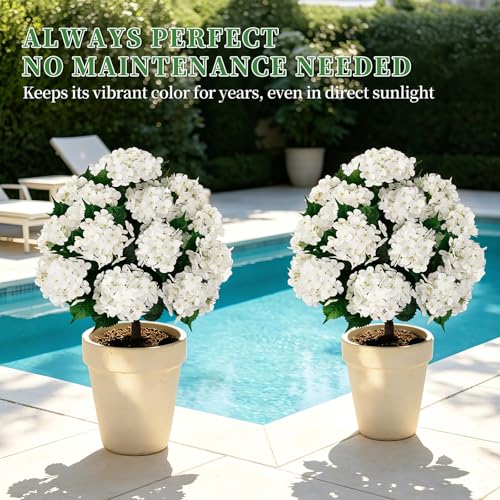 Grooy Artificial Topiary Ball Tree with White Hydrangea, Set of 2 UV Resistant Shrubs with Ground Spike, Fake Evergreen Plant Decor for Porch Garden Indoor Outdoor - color: White Hydrangea