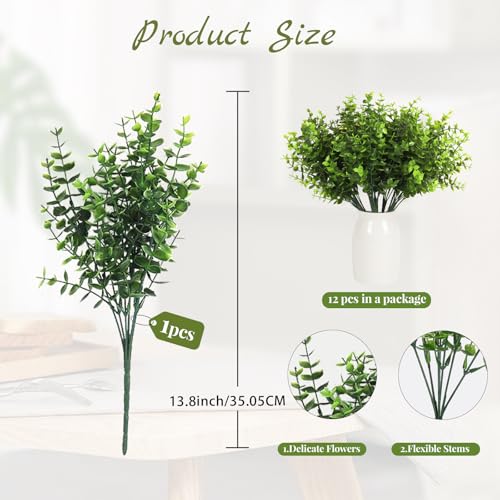 RECUTMS Artificial Boxwood Stems Fake Plant 12 Large Pieces, Faux Farmhouse Greenery Shrubs to Brighten up Your Wedding Home Kitchen Garden Patio Yard Indoor Outdoor Decor(Eucalyptus) - color: Eucalyptus, size: 12 Pcs