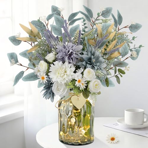 Fake Flowers with Vase, Silk Dusty Blue Rose Hydrangea Lavender Artificial Cemetery Flowers in Vase Faux Dahlia Flowers Arrangement for Table Centerpiece Summer Spring Gravesites Grave Home Decor - color: Dusty Blue White