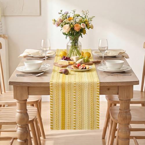 Artoid Mode Yellow Farmhouse Woven Table Runner, Seasonal Holiday Rustic Kitchen Dining Table Decoration for Home Party Decor 12x72 Inch - color: Yellow, size: 12" x 72", Table Runner