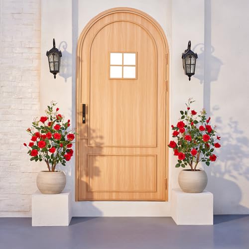 VeriNatural Fake Rose Plants,3Ft(36") Red Artificial Roses,UV-Resistant Faux Silk Flowers for Indoor Outdoor,Potted Faux Trees for Home Decor, Courtyard,Patio, Front Porch Topiary Set of 2 - color: Red, size: 3ft