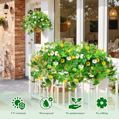 Krissing 3 Pcs Artificial Flowers for Outdoors UV Resistant, Faux Greenery Plants with Daisy Flowers for Outside Planters Garden Porch Window Box Home Decor (Yellow, White) - color: Yellow+white, size: 3
