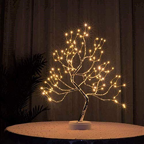 Lxcom Lighting 108 LEDs Silver Copper Wire Table Tree Light 8 Modes LED Twinkle Tabletop Bonsai Tree Lighted USB Plug Battery Operated Artificial Light Decorative Desk Lamp for Home Decor, Warm White