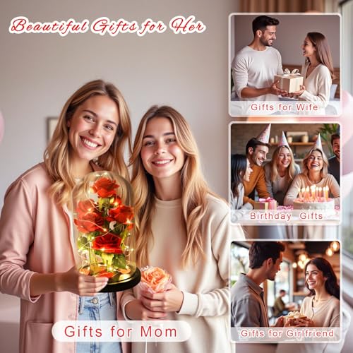 Mothers Day,Birthday Gifts for Women,Beauty and The Beast Rose,Artificial Silk Rose Preserved Forever in Glass Dome,Valentine's Day,Christmas,Anniversary,Flower Roses Gifts for Mom Wife Girlfriend - color: Rose Red