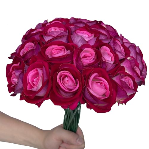 FagusHome 30 Pcs Silk Rose Artificial Flowers Roses Bulk Bouquet Fake Flowers Rose Heads with Stems for Home Wedding Decor (Red Pink) - color: Red Pink