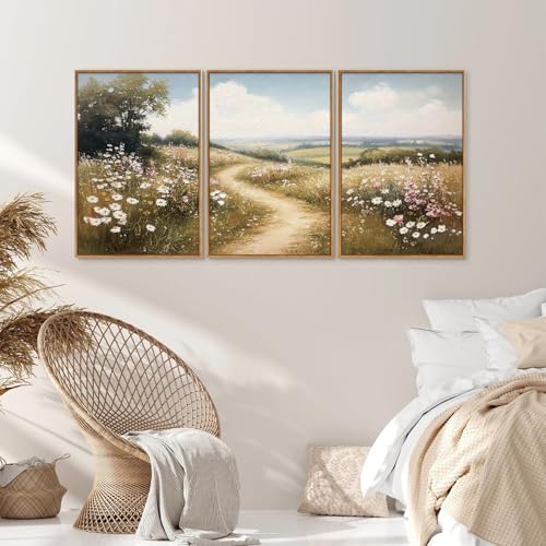 Rantodecor Rustic French Country Framed Canvas Wall Art, Vintage Flower Field Wall Decor, Calming Nature Landscape Art Paintings, Modern Wildflower Artwork for Farmhouse Bedroom Living Room 16"x24"x3 - color: Rustic French Country, size: 24"x16"