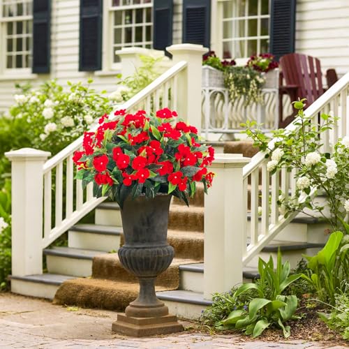Fake Flowers Artificial Flowers for Outdoor，Artificial Impatiens Bouquet Flowers for Outdoors，Spring Flowers Artificial Impatiens Outdoor Silk Fake Flowers Indoor Decor 4PCS (Red) - color: Red-4
